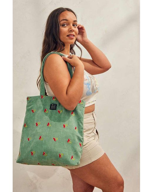 Urban Outfitters Green Uo Embroidered Cherries Corduroy Tote Bag