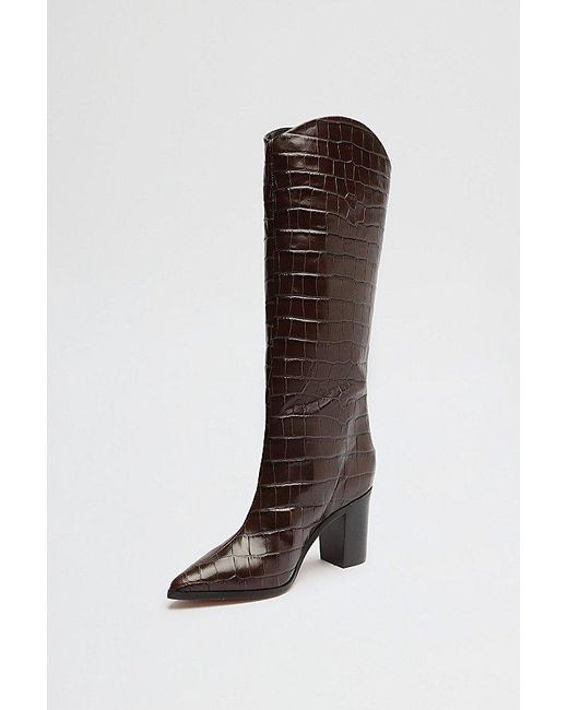 SCHUTZ SHOES Black Maryana Leather Knee-High Croc Boot