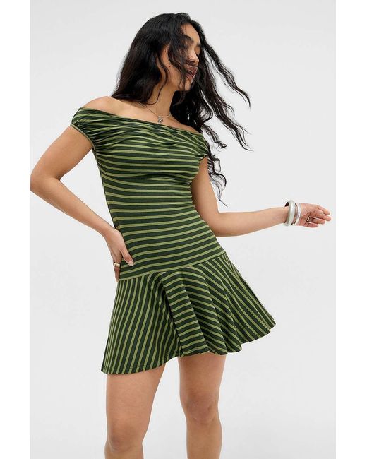 Motel Green Khaki Mausari Stripe Mini Dress