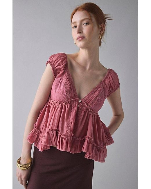 Kimchi Blue Red Izzy Lace Trim Button-Front Babydoll Blouse