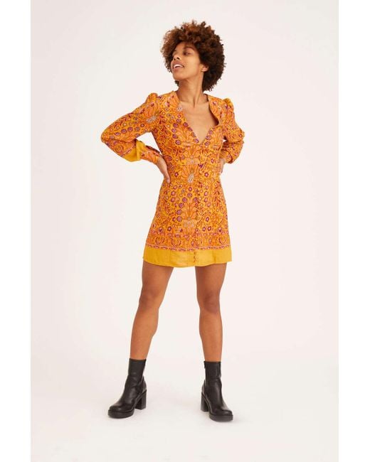 Urban Outfitters Orange Uo Michelle Plunging Long Sleeve Mini Dress
