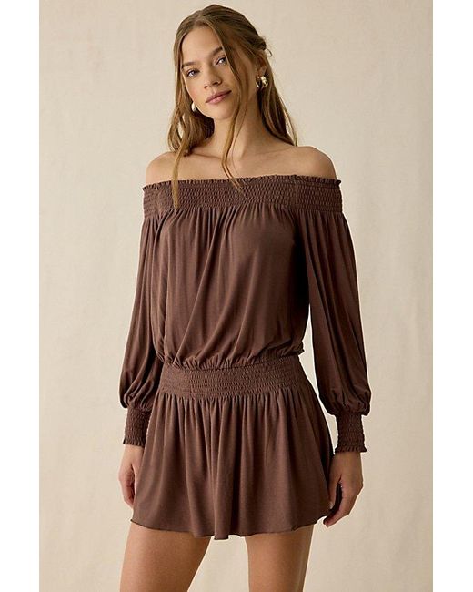 urban outfitters brown mini dress Urban Outfitters Women's Brown Uo Night Shift Jersey Knit Off-The-Shoulder  Long Sleeve Mini Dress