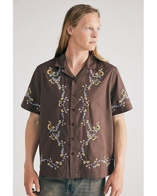 BDG Brown Ornate Embroidered Short Sleeve Button-Down Shirt Top for men