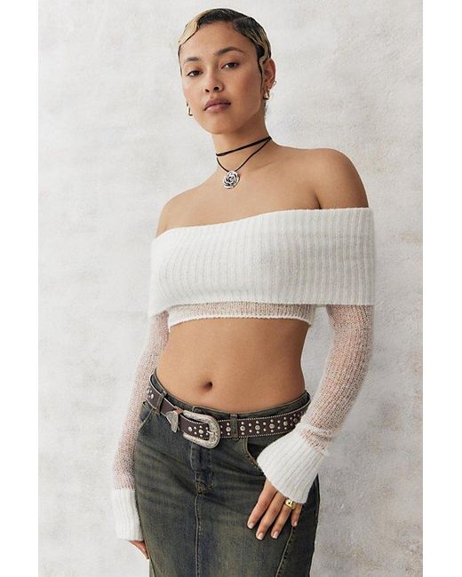 Urban Outfitters White Uo Sheer Off-The-Shoulder Knit Crop Top