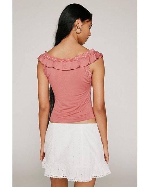 BDG Pink Charlie Ruffle Fitted Graphic Tank Top