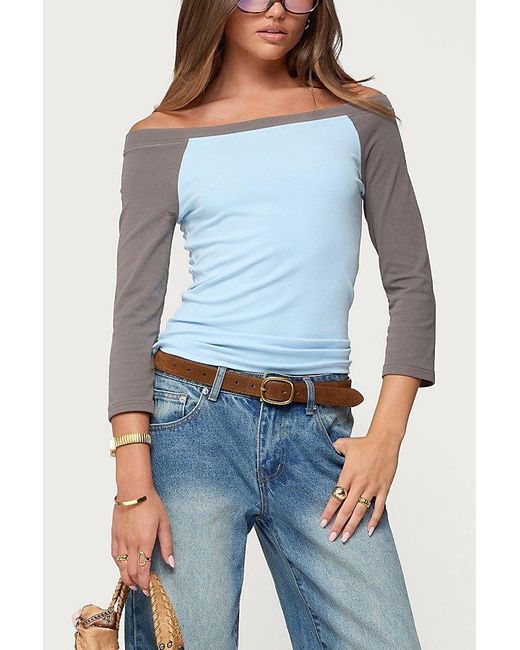 Edikted Blue Keri Off-The-Shoulder Contrast Raglan Top