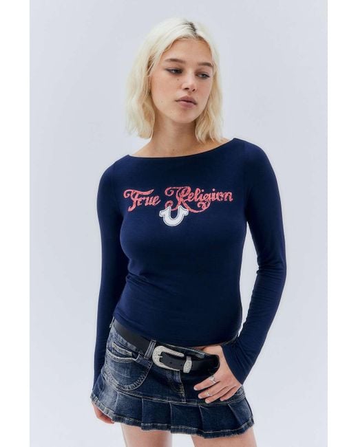 True Religion Blue Navy Slash Neck Long-sleeved T-shirt Top