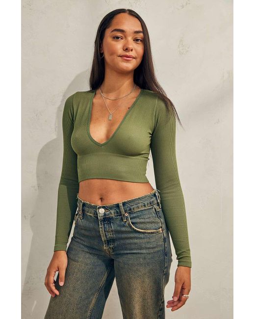 Urban Outfitters Green Uo Josie Long Sleeved Seamless Ribbed Top