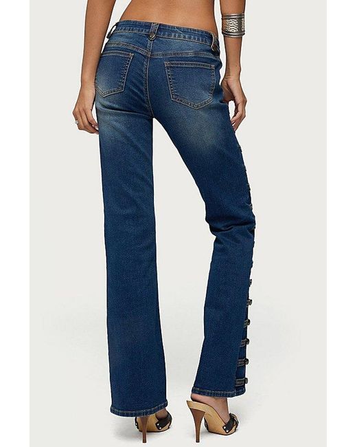 Edikted Blue Button Loop Low Rise Bootcut Jeans