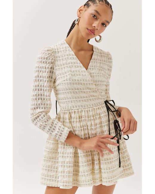 Ghospell Anya Checkered Wrap Dress in Natural | Lyst