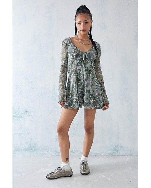Urban Outfitters Green Uo Eva Flocked Romper