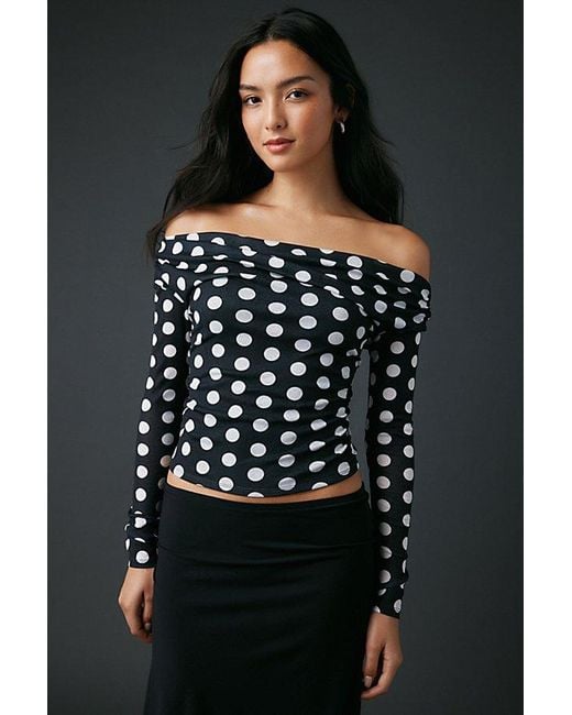 Urban Outfitters Black Uo Fia Mesh Long Sleeve Off-The-Shoulder Crop Top