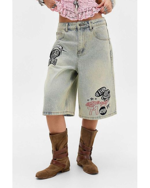 Ed Hardy Gray Multi-badge Bleach Denim Shorts