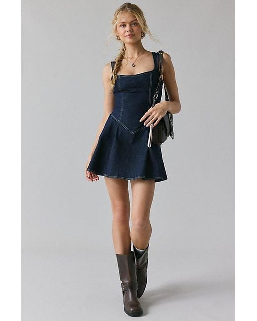 BDG Leah Denim Pleated Open-Back Drop Waist Mini Dress in Blue | Lyst