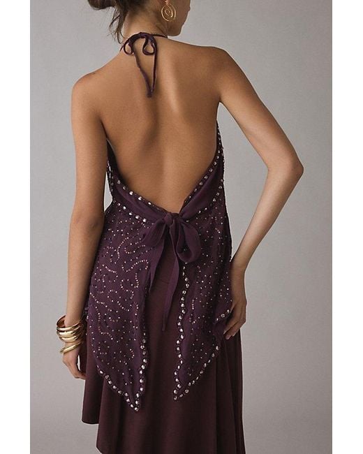 Kimchi Blue Purple Leila Sheer Beaded Embroidered Flyaway Halter Top