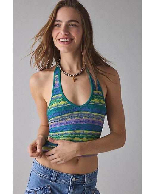 Out From Under Green Wavy Seamless Knit Cropped Halter Top