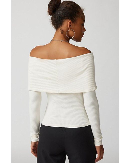 Urban Outfitters Natural Uo Hailey Foldover Off-The-Shoulder Long Sleeve Top
