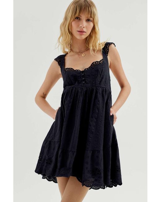 Urban Outfitters Black Uo Wildflower Lace Babydoll Mini Dress