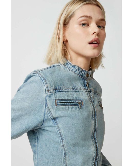 Lioness Blue Bella Denim Moto Jacket In Tinted Denim,at Urban Outfitters