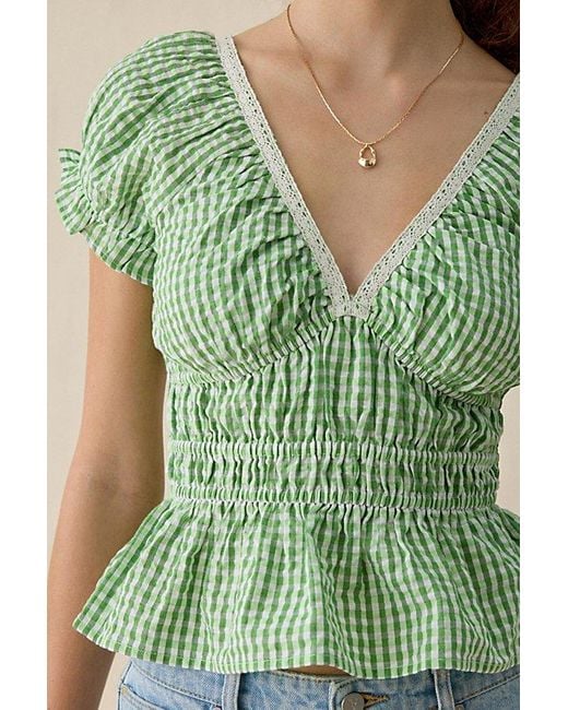 Kimchi Blue Green Jane Ruched Lace Trim Short Sleeve Blouse