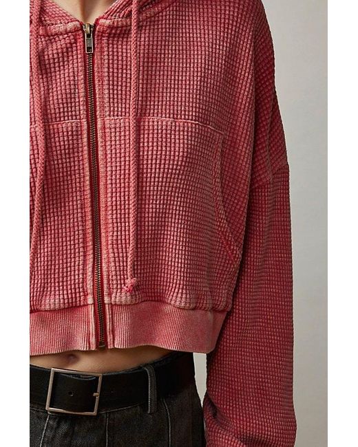 BDG Pink Leah Waffle Knit Zip-Up Hoodie Sweatshirt