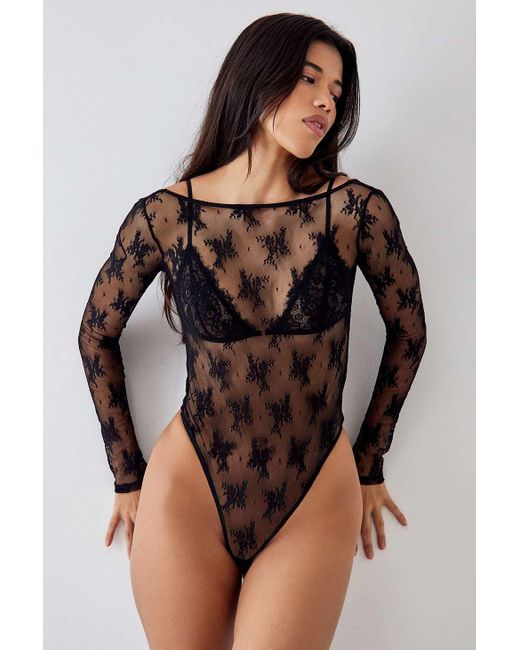 Out From Under Brown Mesh Lace Long Sleeve Bodysuit