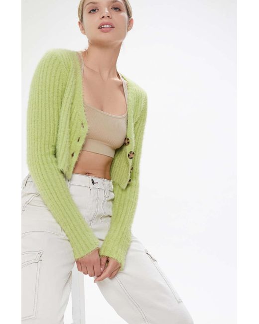 Urban Outfitters Green Uo Rochelle Fuzzy Cropped Cardigan