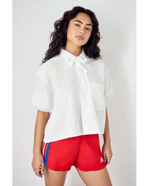Urban Renewal Red Remade From Vintage White Lace & Puff Sleeve Shirt