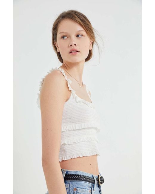 Urban Outfitters White Uo Pepita Smocked Ruffle Cropped Tank Top
