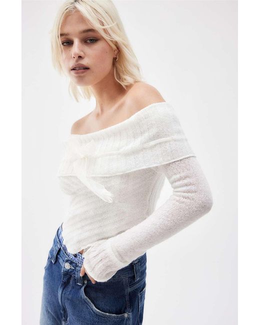 Kimchi Blue White Ribbon Off-the-shoulder Knitted Top