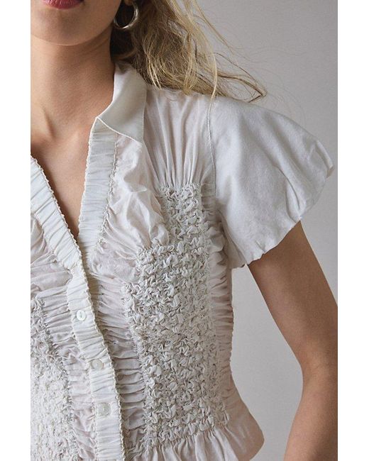 Urban Outfitters Gray Uo Maude Smocked Short Sleeve Button-Down Shirt