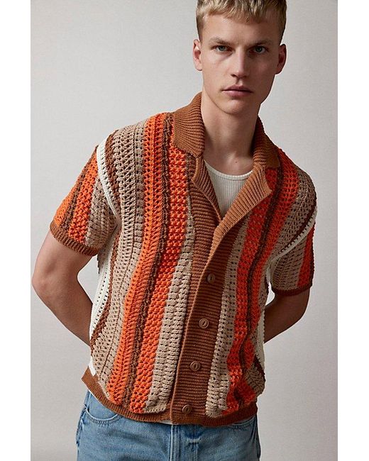 BDG Orange Striped Button-Down Polo Sweater for men