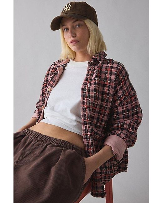 BDG Brown Bryson Waffle Plaid Oversized Button-Down Shirt