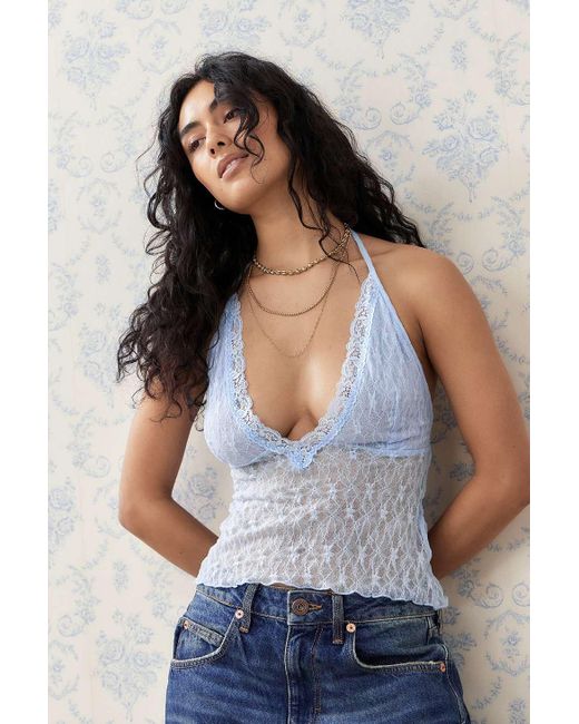 Urban Outfitters Blue Uo Nicole Lace Halterneck Top