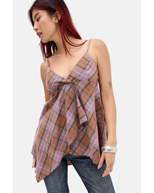 BDG Brown Carmen Check Asymmetric Hem Top