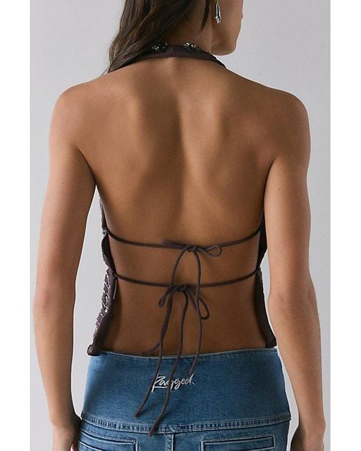 Urban Outfitters Brown Uo Carmellia Embellished Split-Front Flyaway Halter Top