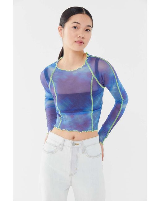 Urban Outfitters Blue Uo Nebula Tie-dye Mesh Cropped Top