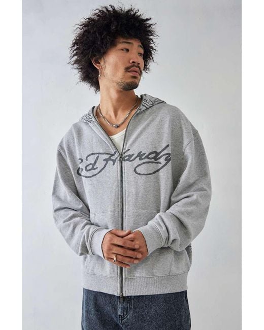 Ed Hardy Gray Uo Exclusive Grey Marl Tiger Face Zip-through Hoodie for men
