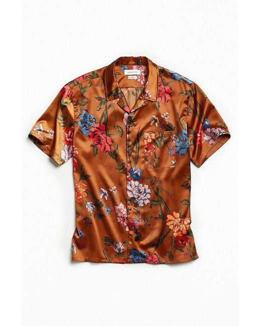 Urban Outfitters Brown Uo Liam Satin Short Sleeve Button-down Shirt for men