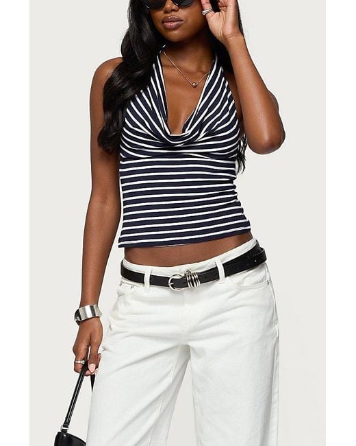 Edikted Blue Striped Cowl Neck Halter Top