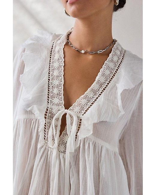 Kimchi Blue Gray Mona Lace Trim Ruffle Babydoll Tunic Blouse