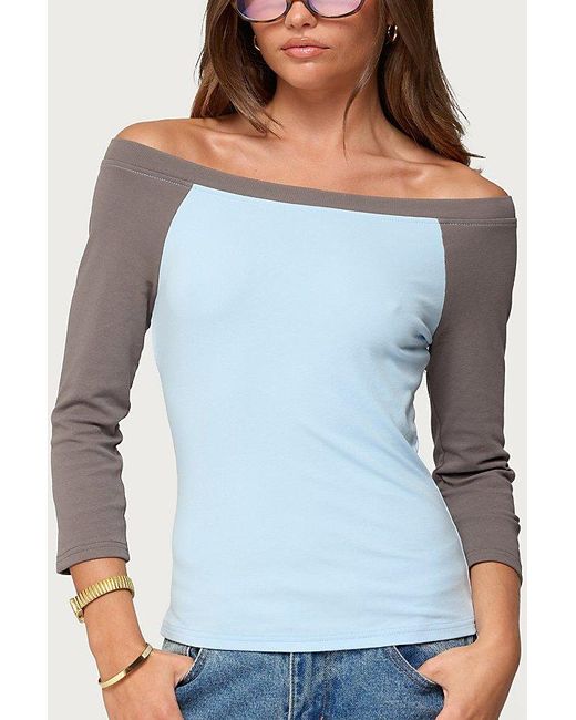 Edikted Blue Keri Off-The-Shoulder Contrast Raglan Top