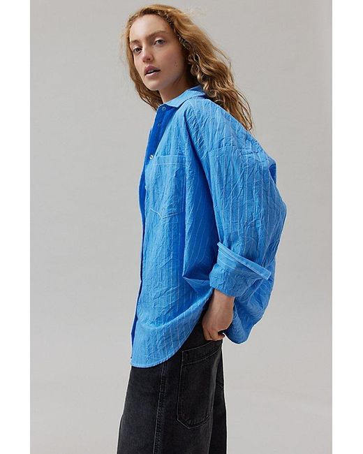 BDG Blue Ryanne Crinkled Oversized Button-Down Shirt