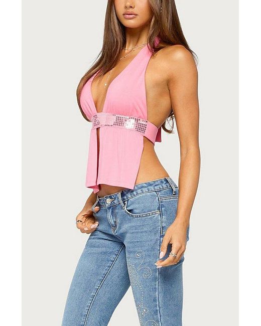 Edikted Pink Heily Sequin Split Front Backless Top