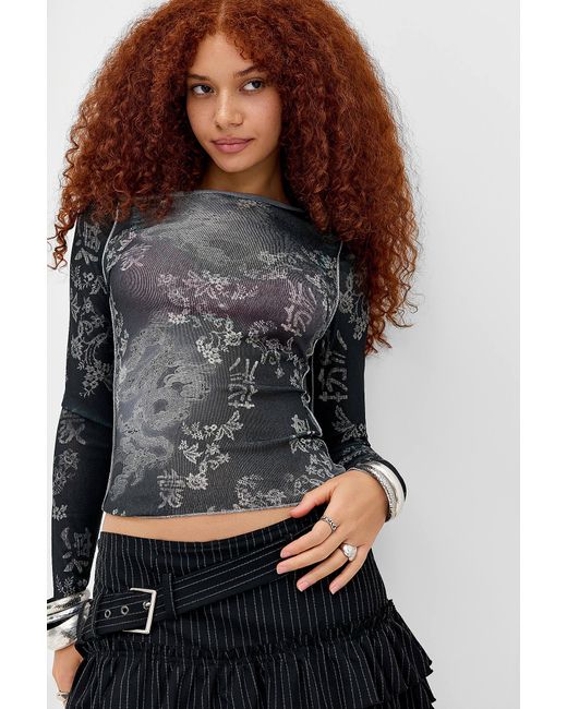 Silence + Noise Gray Silence + Noise Drae Mesh Print Long Sleeve Top