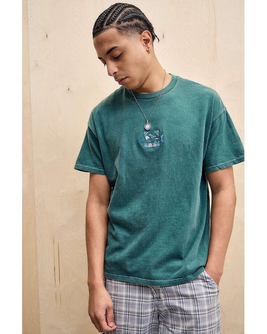 Urban Outfitters Blue Uo Green Embroidered Fish T-shirt for men