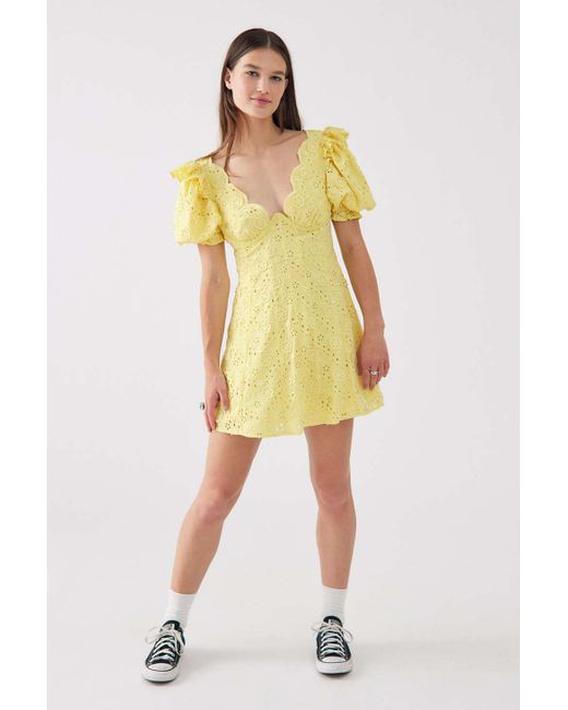 For Love & Lemons Yellow Natalia Eyelet Puff Sleeve Mini Dress