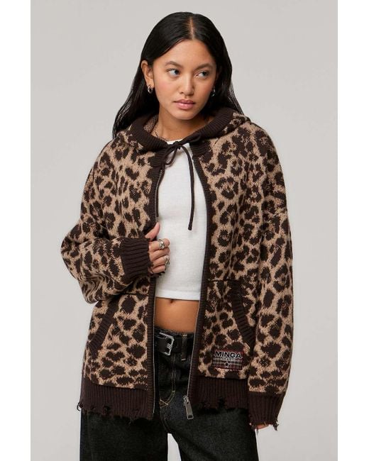 Minga Leopard Knitted Zip-up Cardigan S/m At Urban Outfitters in