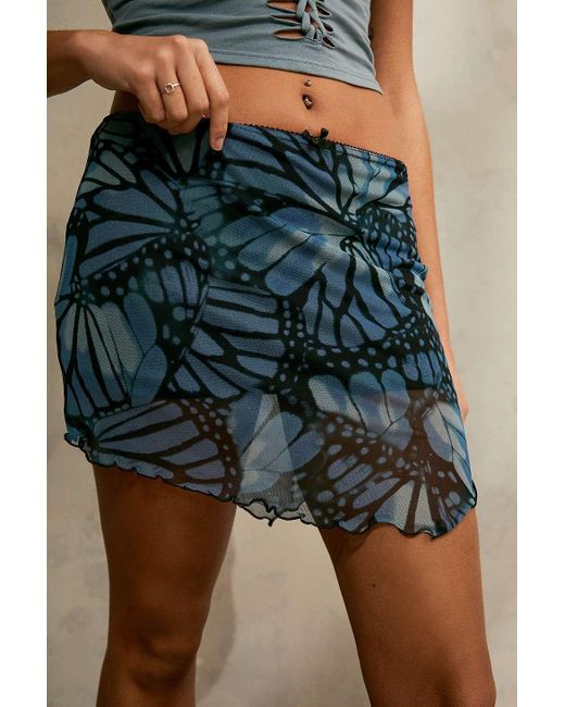 Urban Outfitters Blue Uo Asymmetric Mesh Mini Butterfly Skirt