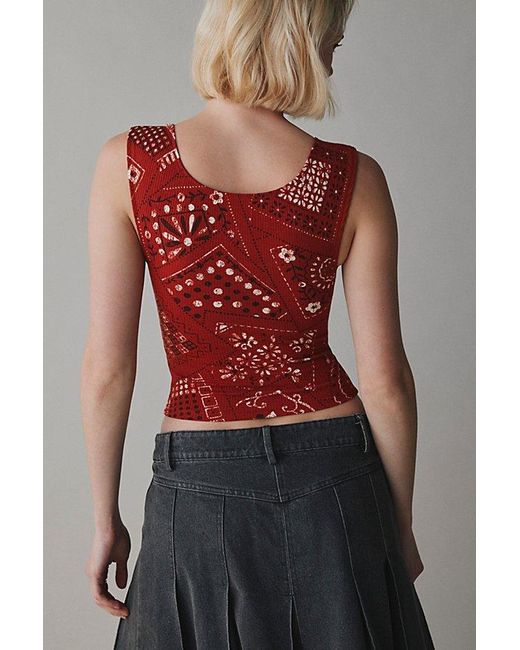BDG Red Printed Ribbed Square Neck Tank Top